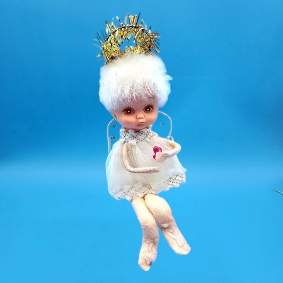 Vintage 1950s Napco Pixie Angel Ballerina Ornament Tulle Wings Gold Halo Japan - Picture 3 of 9